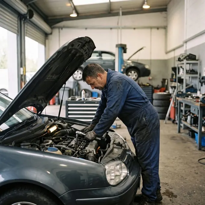 Mecanic auto lucrând sub capota deschisă a unei mașini, într-un service