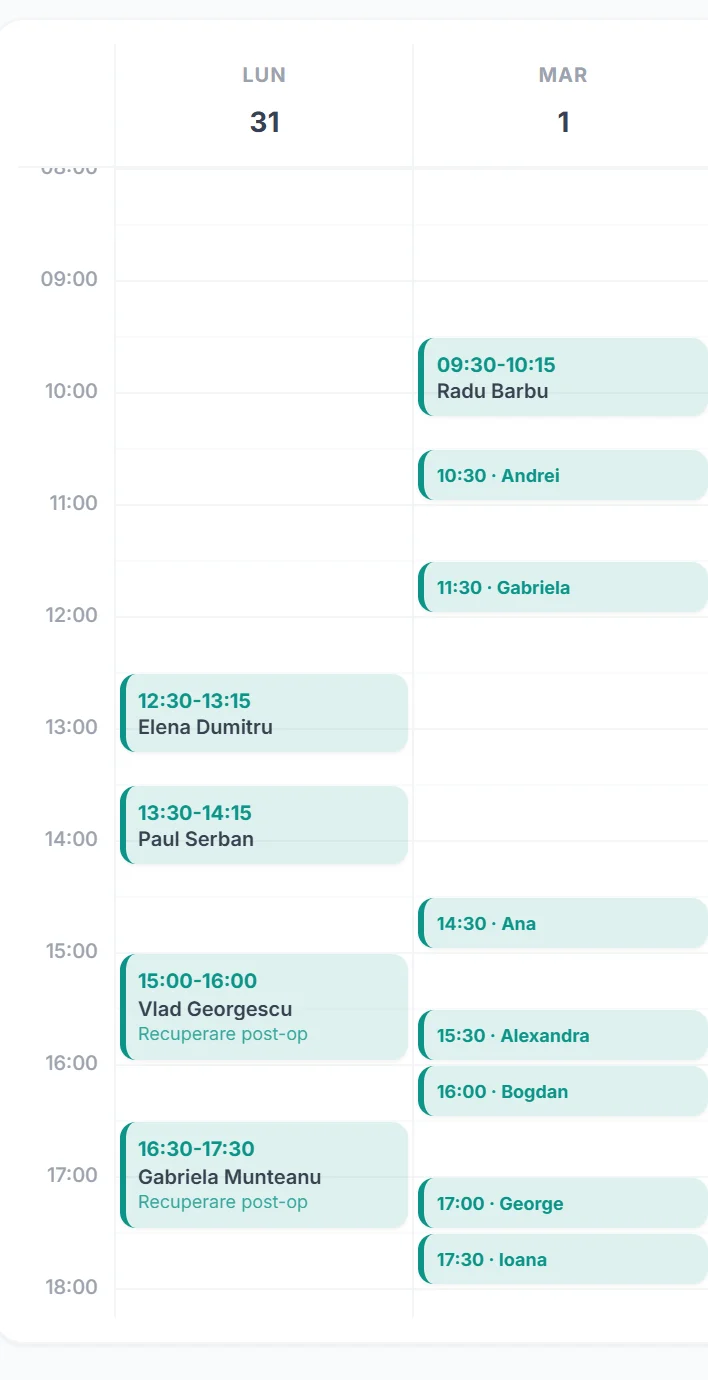 Calendar de programări cu angajați în aplicația Programări Rapide, o săptămână dintr-un centru de recuperare, filtrată pe un singur kinetoterapeut