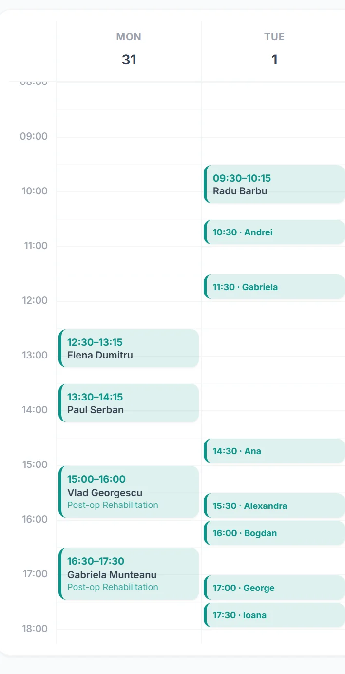 A staff appointment calendar in the ProgramariRapide app, a week at a rehab centre filtered to one physiotherapist