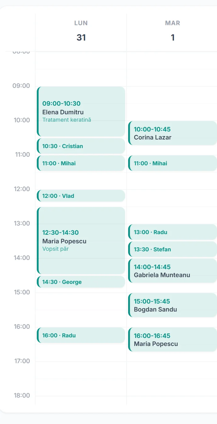 Calendar de programări cu angajați în aplicația Programări Rapide: o săptămână dintr-un salon, cu o coloană pentru fiecare stilist
