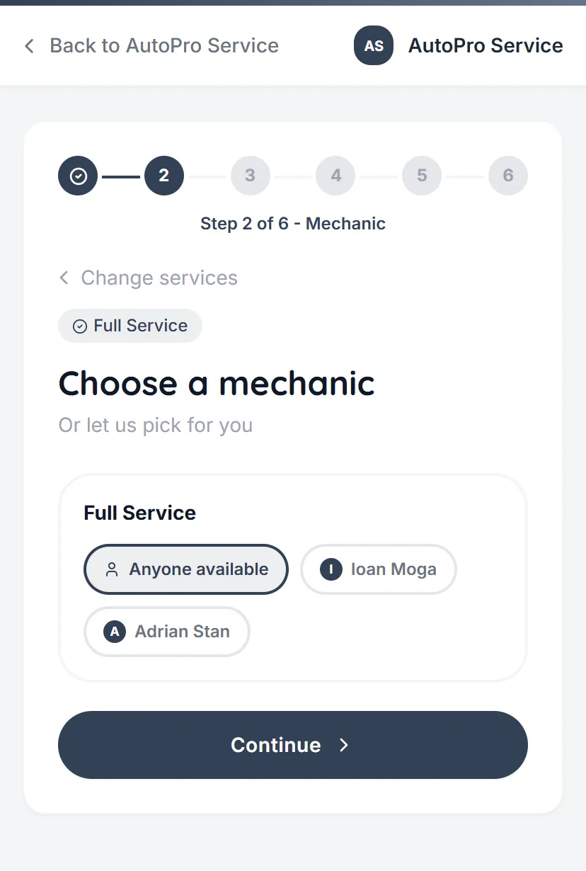 The public booking page of an auto shop, as a client sees it on a phone