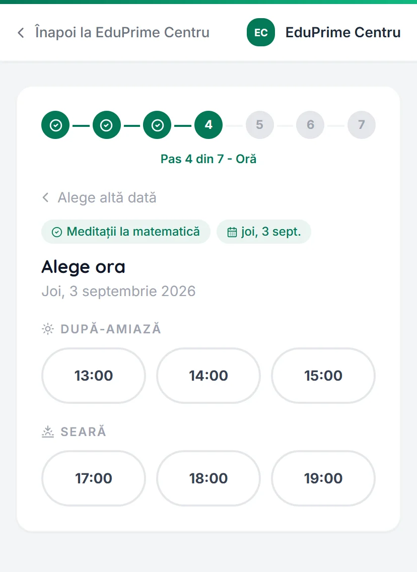 Pagina publică de rezervări online, cu orele libere pe care clientul le poate alege