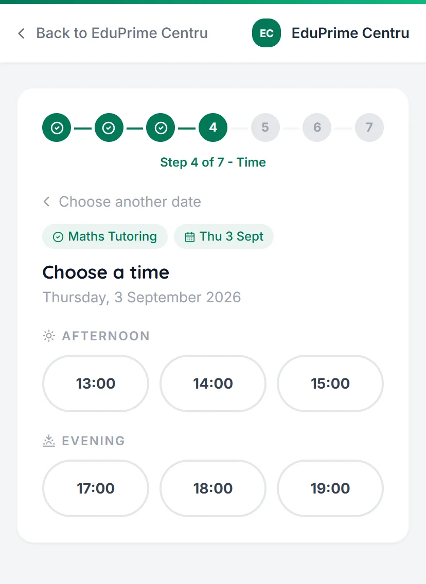 The public online booking page, showing the free hours a client can pick