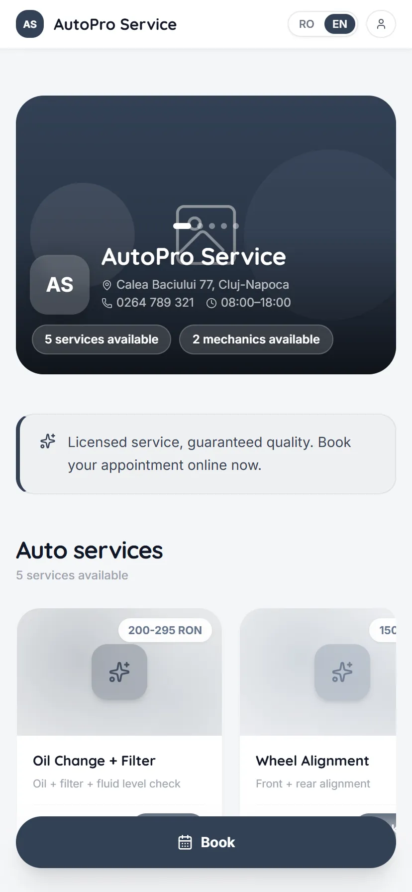The public booking page of an auto shop, as the client sees it on a phone