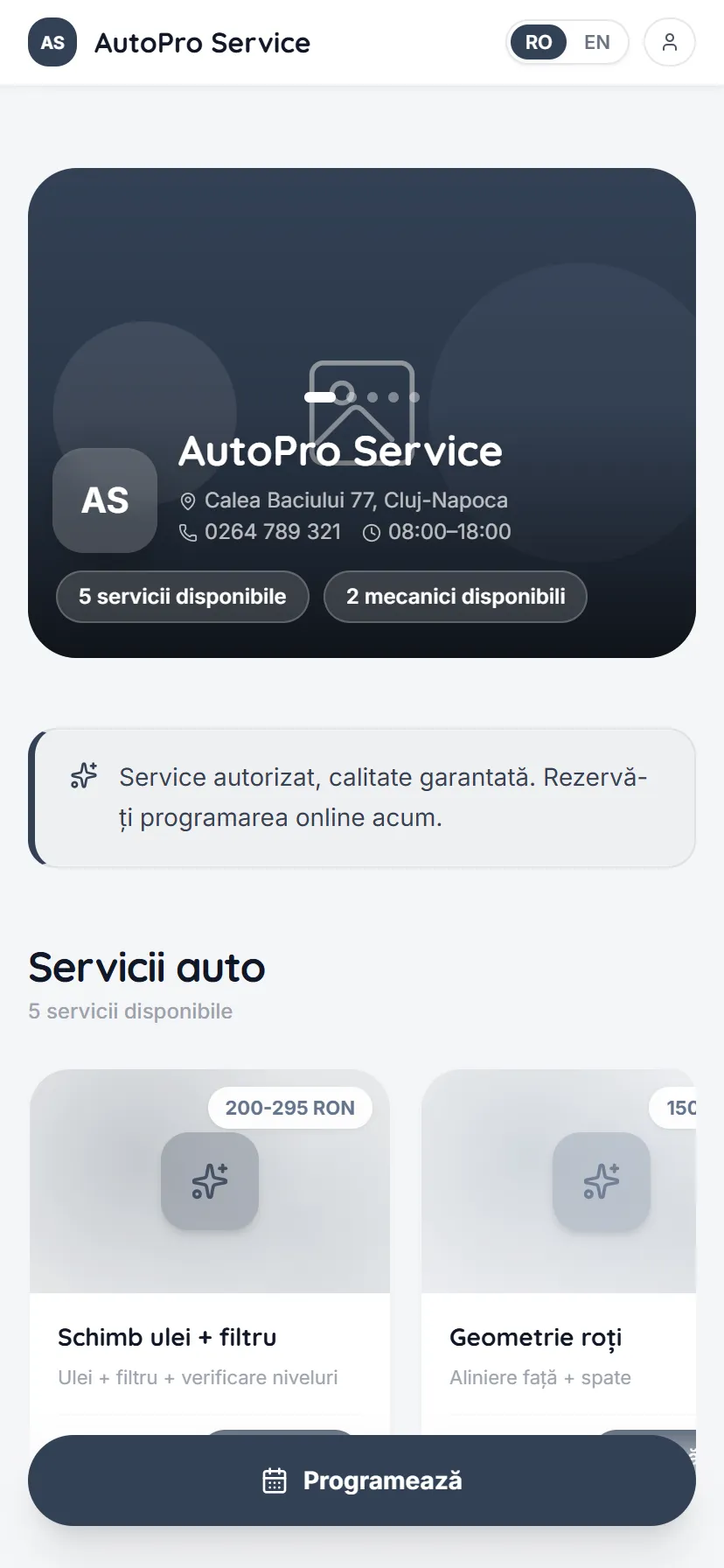 Pagina publică de rezervări a unui service auto, așa cum o vede clientul pe telefon