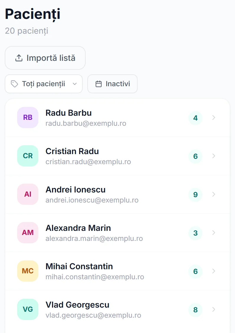 Fișele clienților dintr-un cabinet de fizioterapie, cu istoricul programărilor fiecăruia