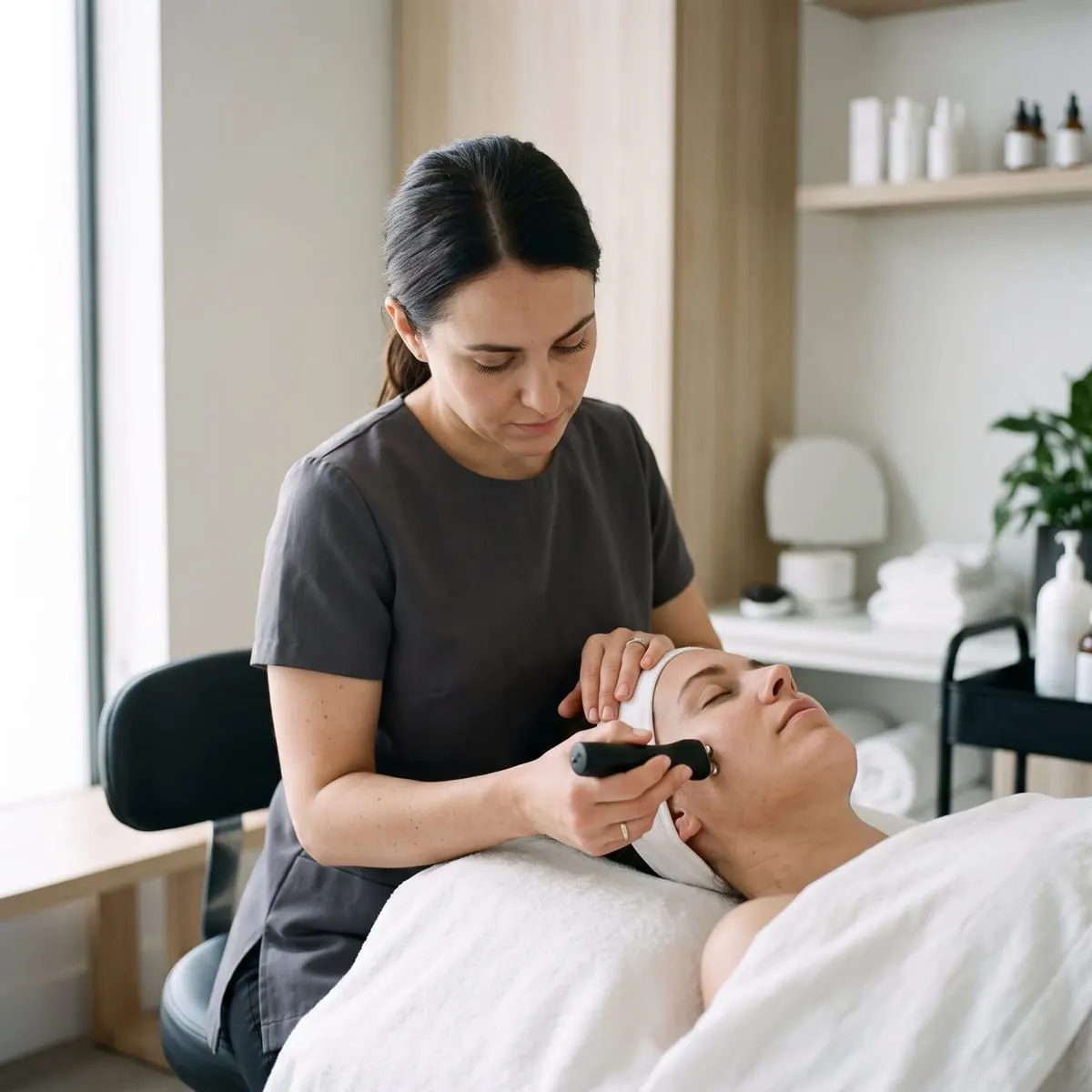Cosmeticiană lucrând la un tratament facial, într-un salon de cosmetică