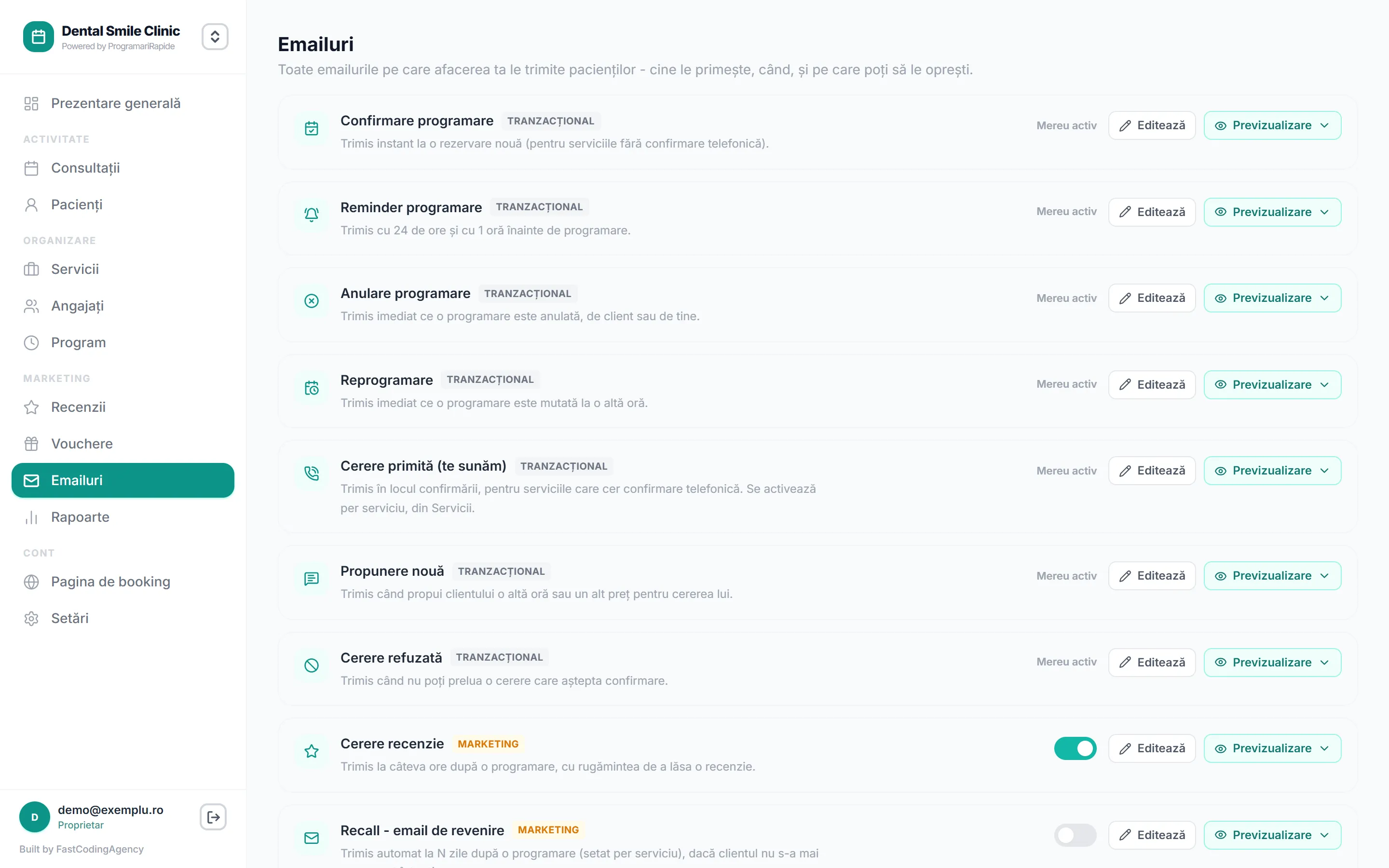 Emailurile automate ale unui cabinet stomatologic: confirmare, reminder cu 24 de ore și cu o oră înainte, anulare și reprogramare