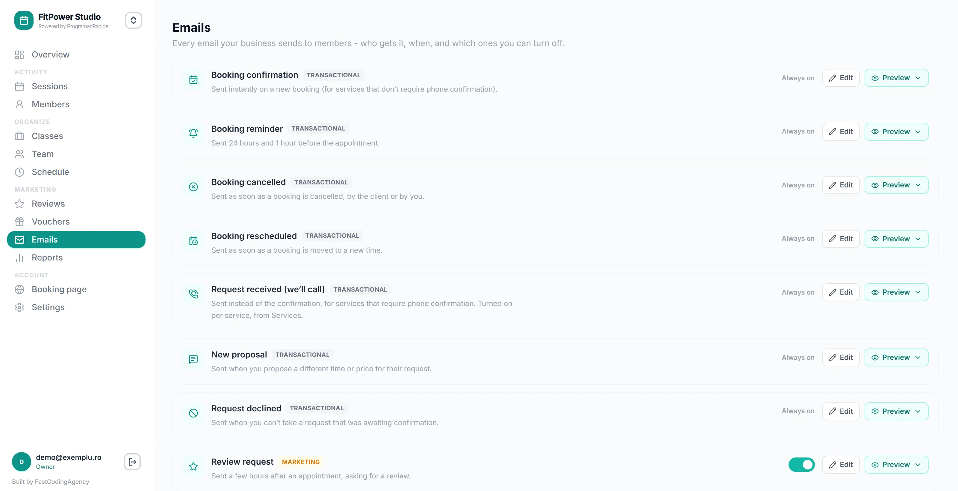 The automatic emails of a fitness studio, with the text of each one editable