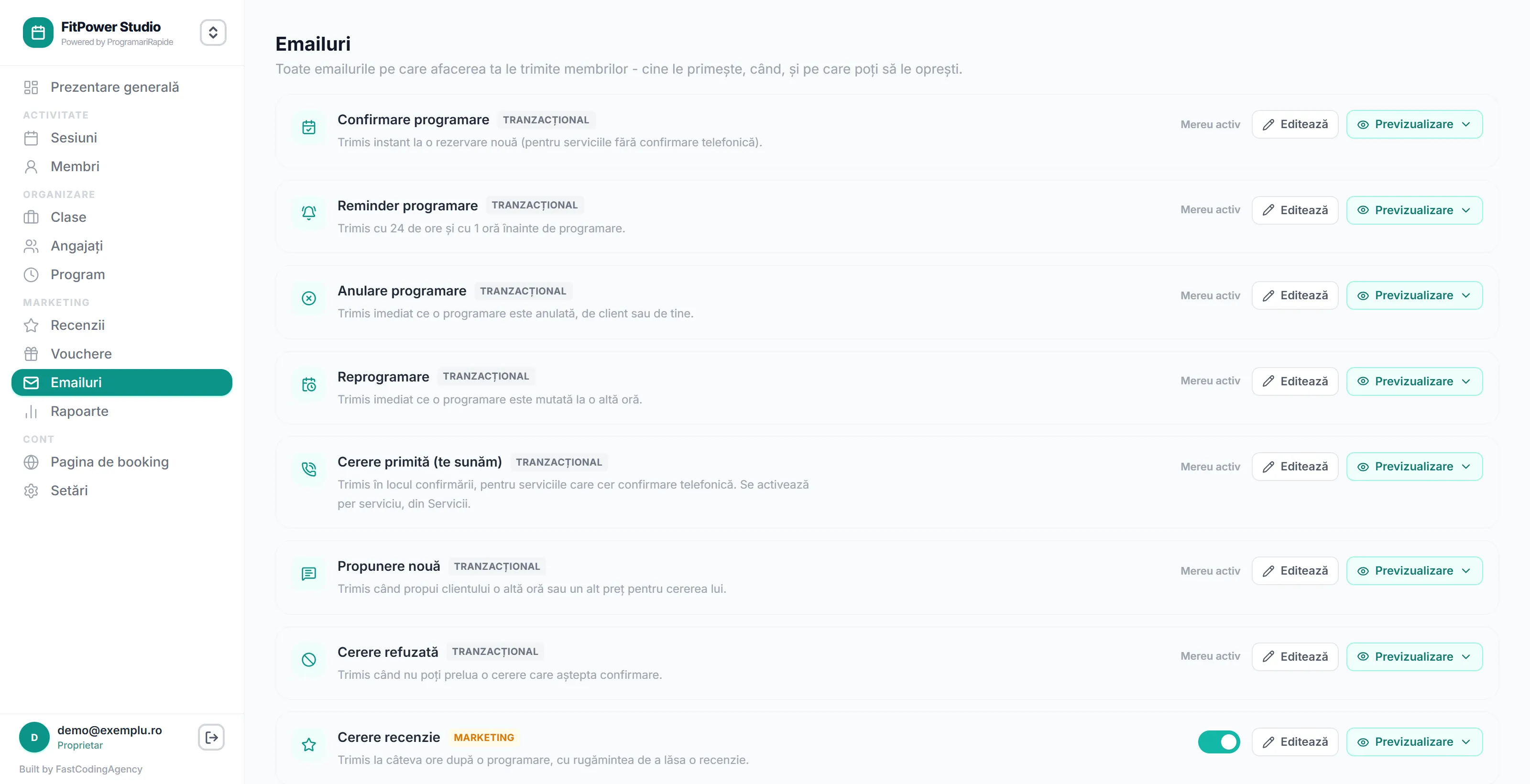 Emailurile automate ale unui studio de fitness, cu textul fiecăruia editabil