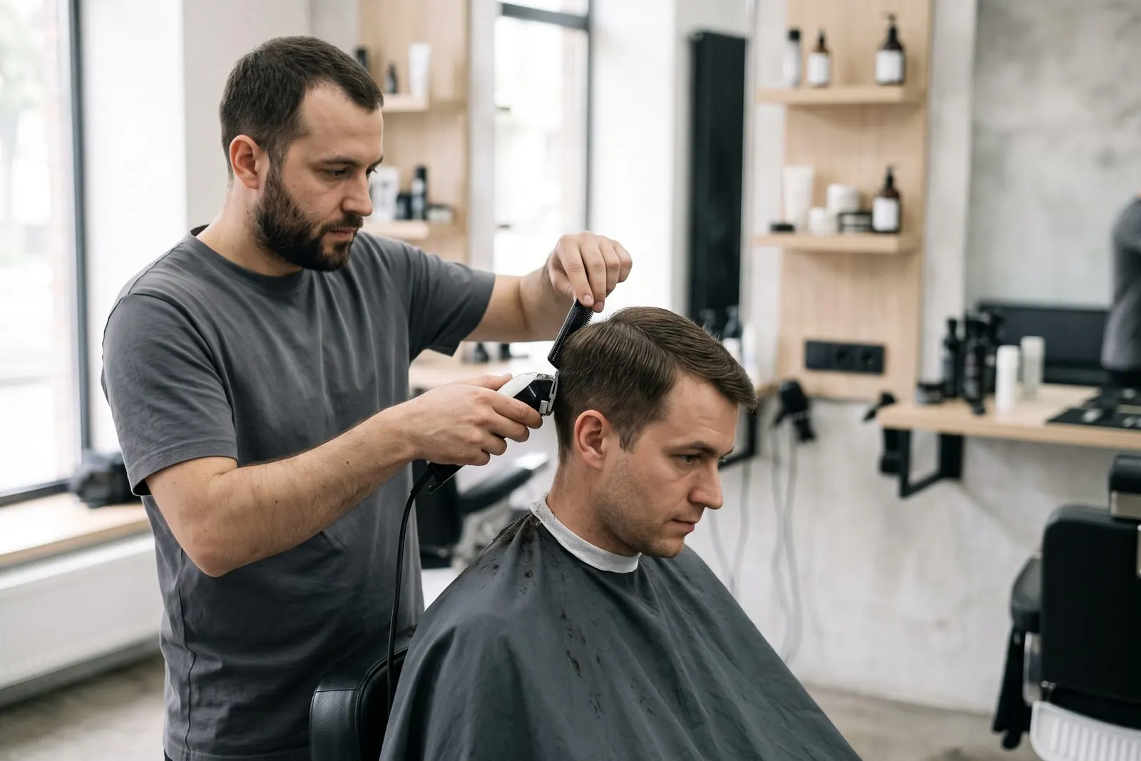 Frizer tunzând un client la scaun, într-o frizerie