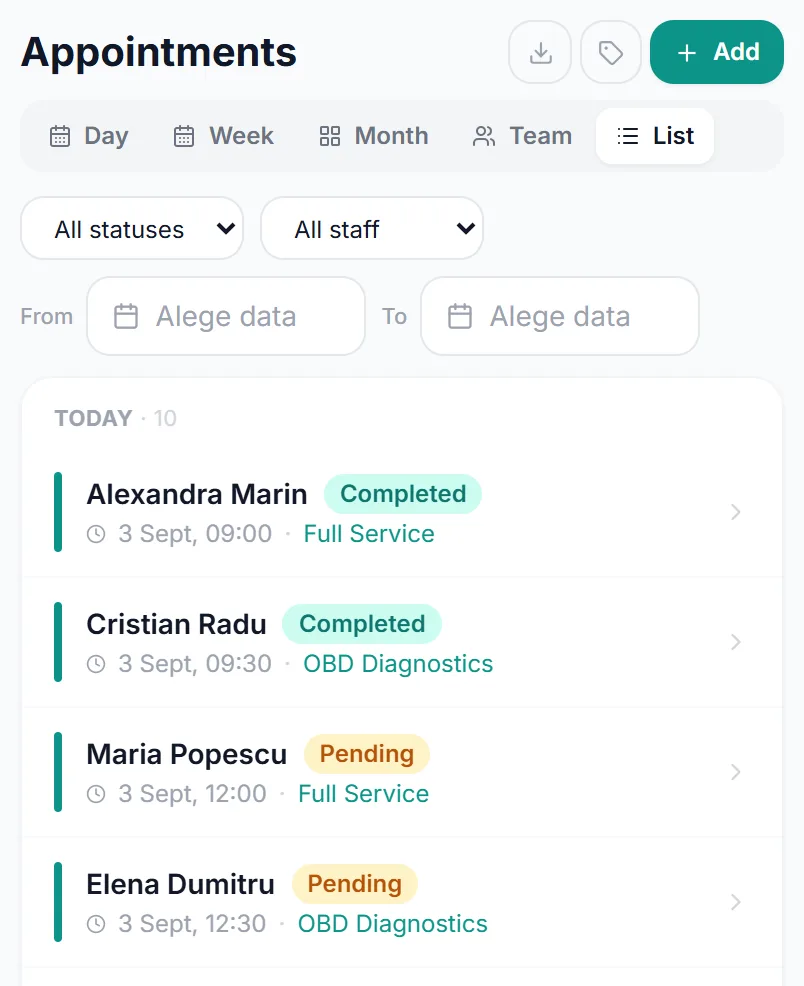 The app's booking list on a phone: today, with each booking's customer, hour and job