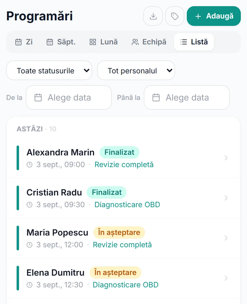 Lista de programări din aplicație, pe telefon: ziua de azi cu numele clientului, ora și lucrarea fiecărei programări