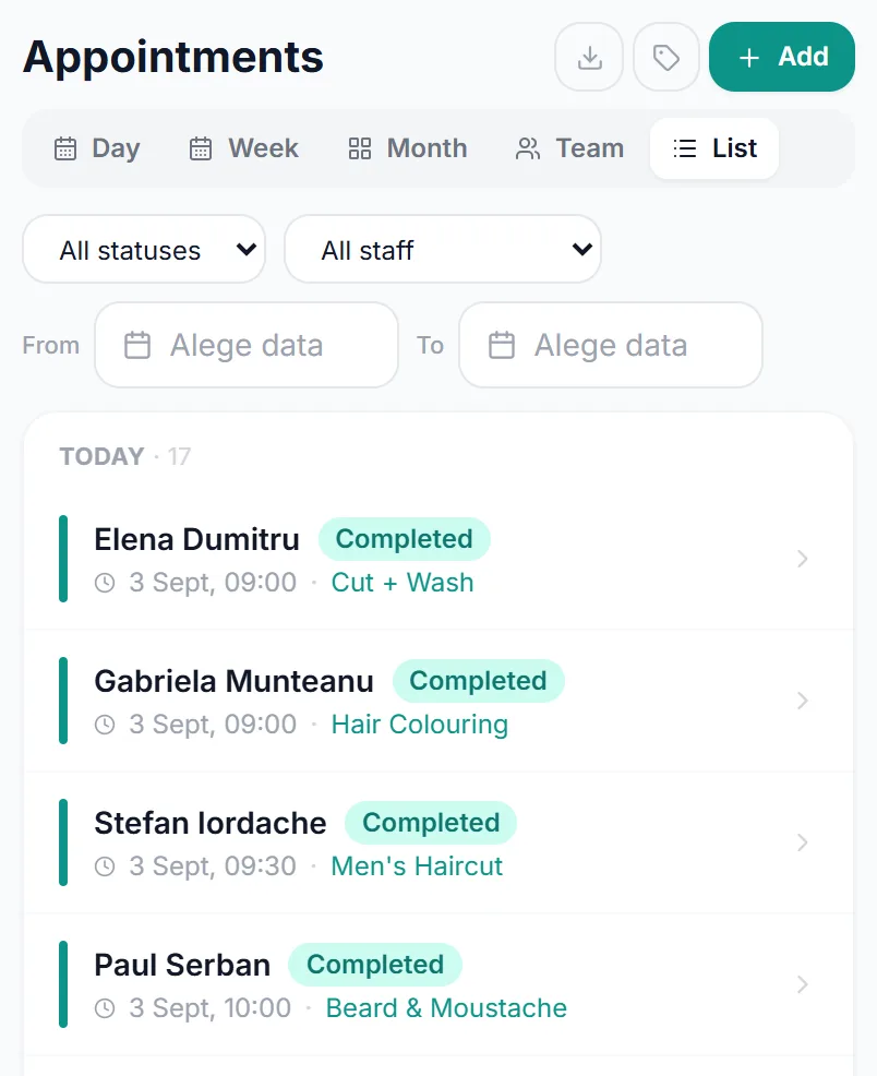 The app's booking list on a phone: today, with each booking's client, hour and service