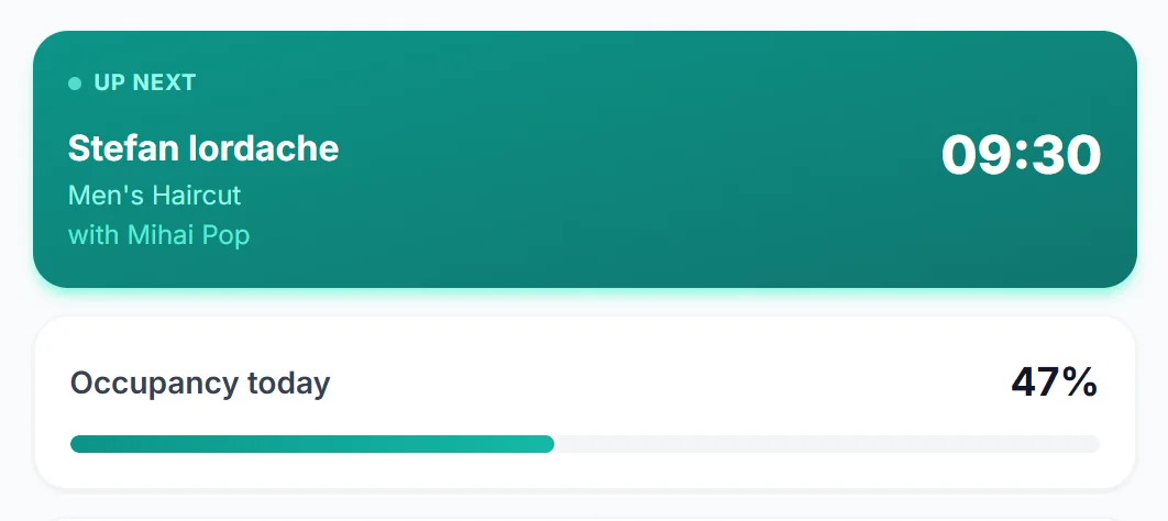 The card showing the next booking and how full the day is, in the ProgramariRapide app