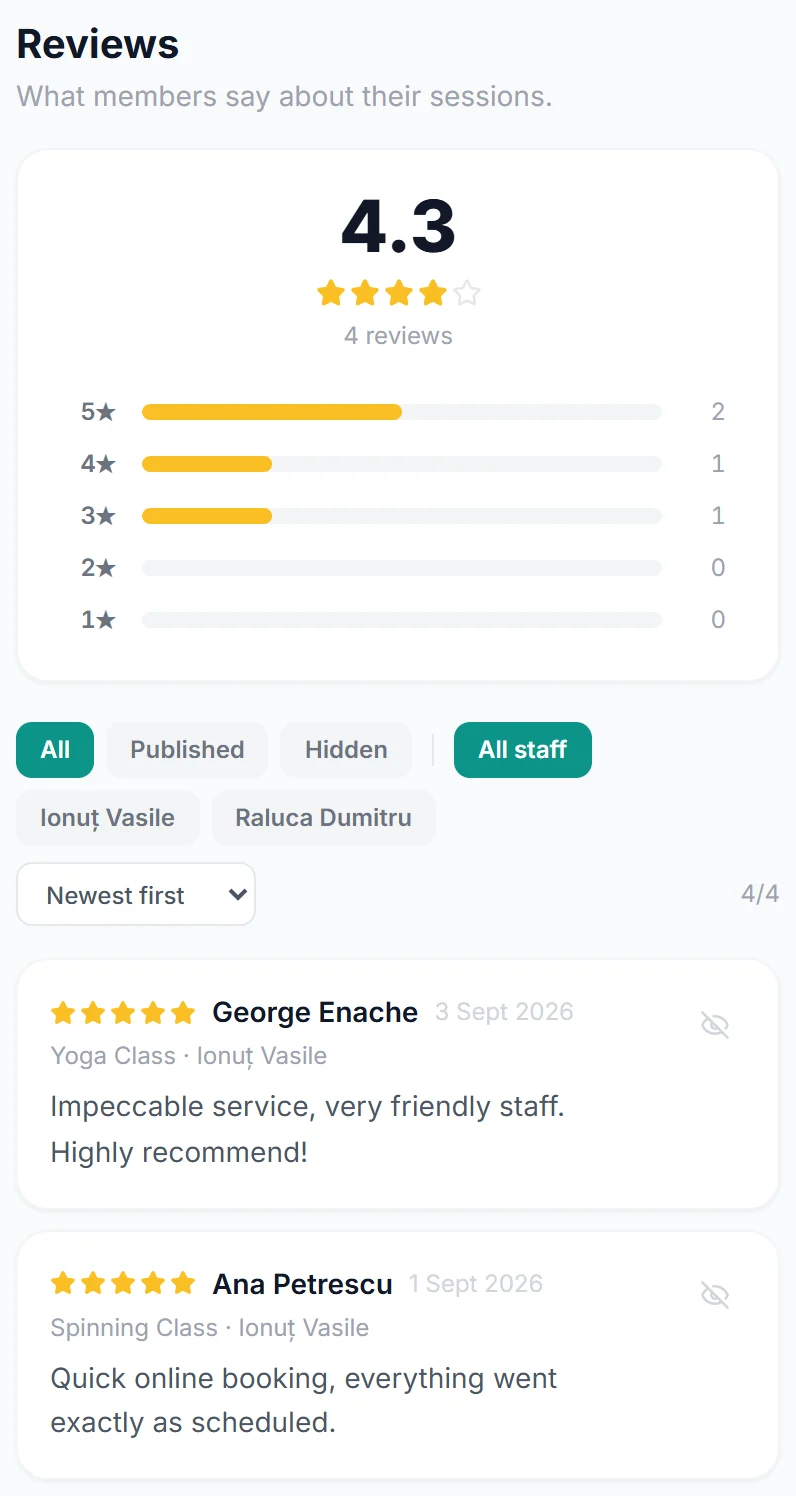 Client reviews at a fitness studio, with the overall rating and what people wrote after their sessions