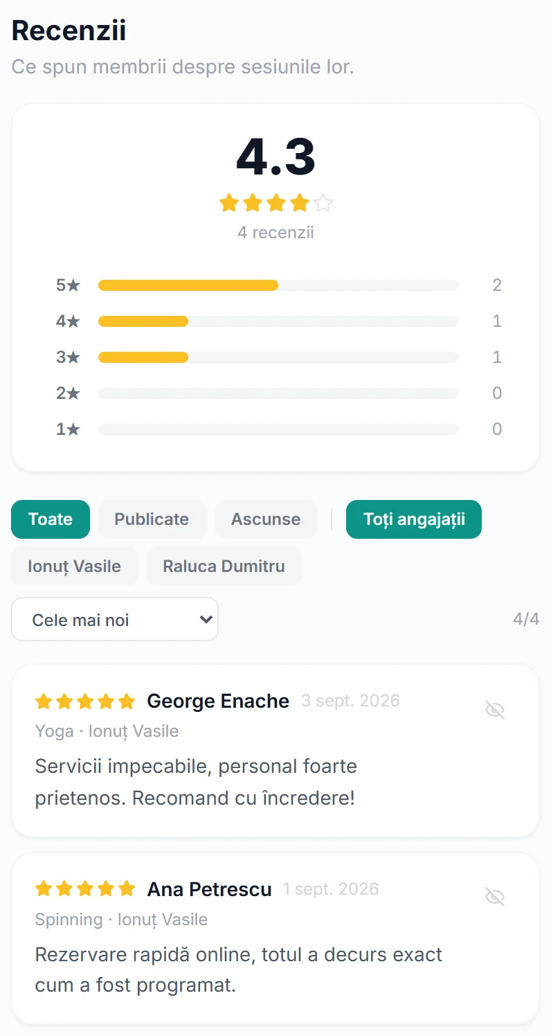Recenziile clienților unui studio de fitness, cu nota generală și părerile lăsate după antrenamente
