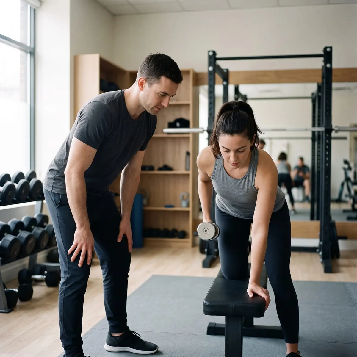 Antrenor personal urmărind exercițiul unui client într-o sală de fitness