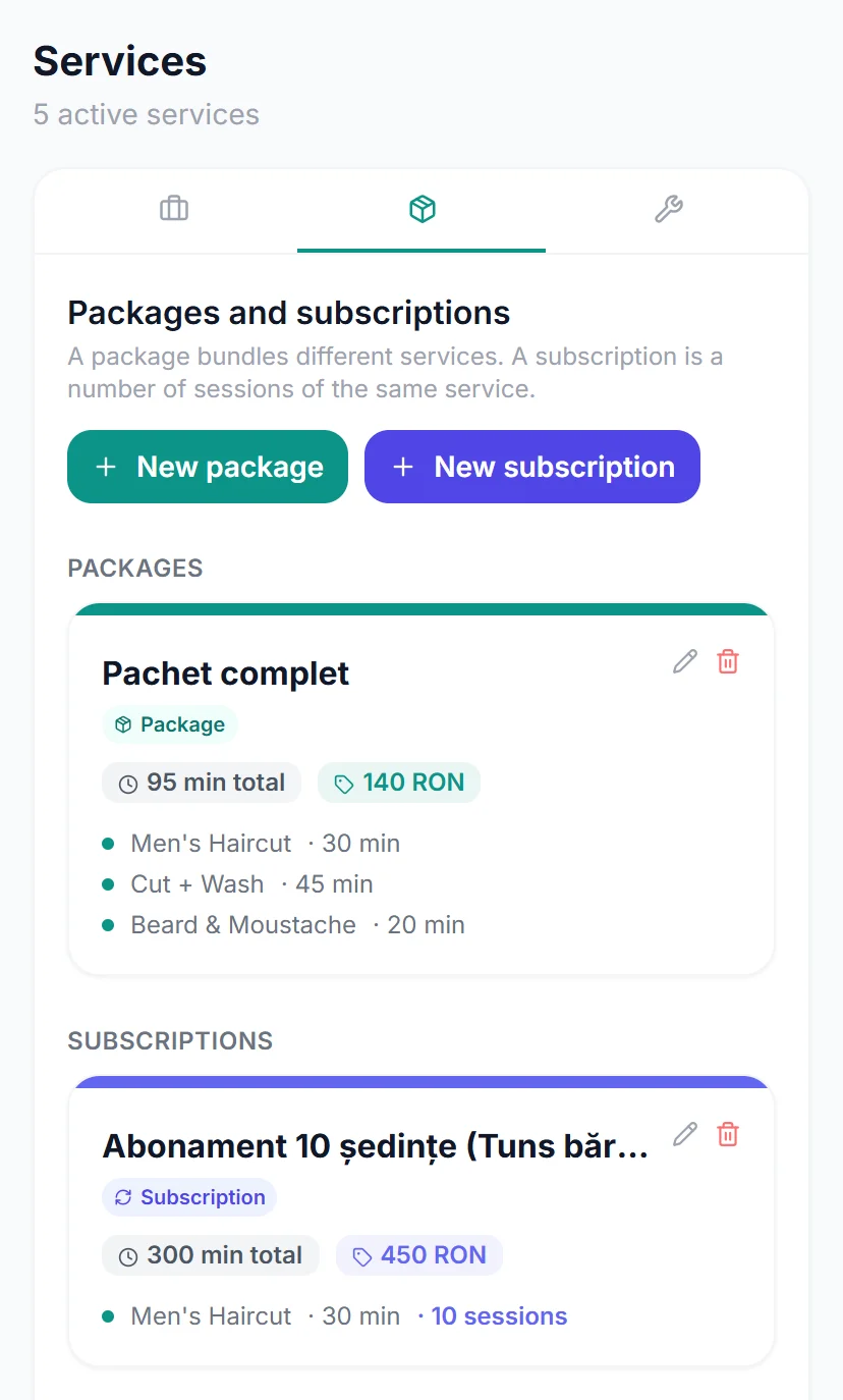 A salon's packages and subscriptions: a package of three different services and a ten-session subscription to one service