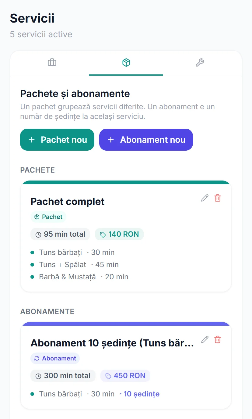 Pachetele și abonamentele unui salon: un pachet cu trei servicii diferite și un abonament de zece ședințe la același serviciu
